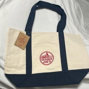 Trader Joe's Large Canvas Tote with Dark Navy Blue Handles & Base
